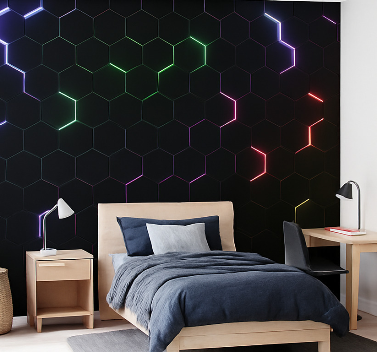 Mural de parede juvenis hexágonos 3d neon - TenStickers