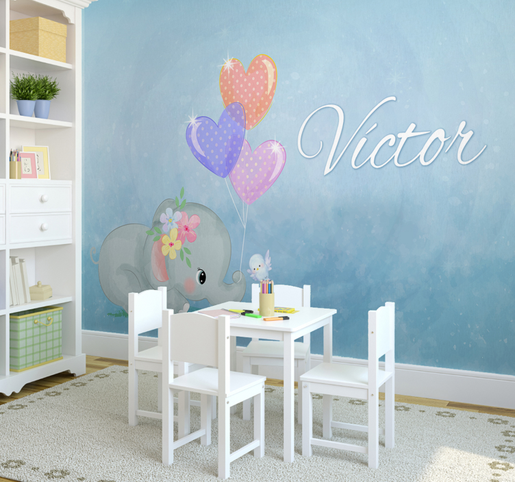 Mural de parede para quarto de bebé elefante com nome - TenStickers