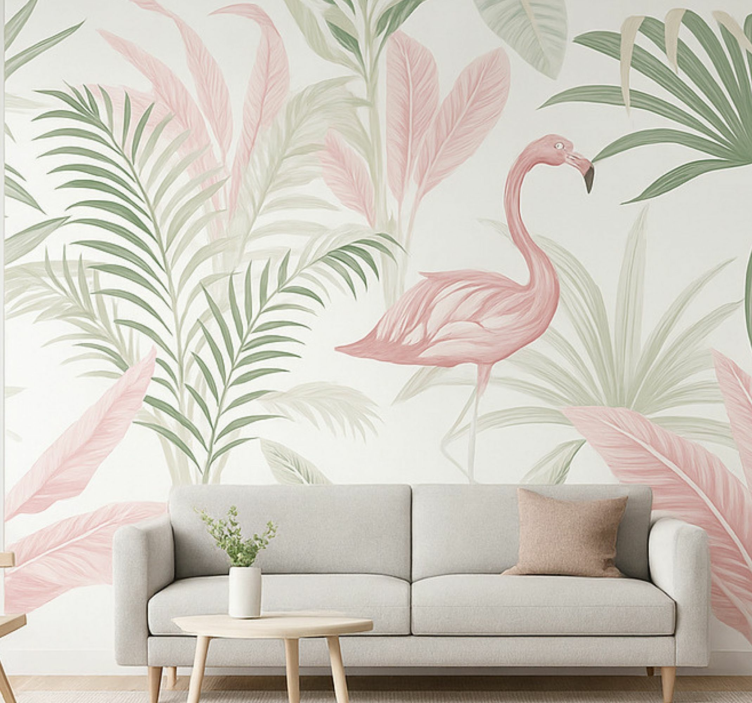 Mural de parede para a sala oásis de flamingos tropicais - TenStickers