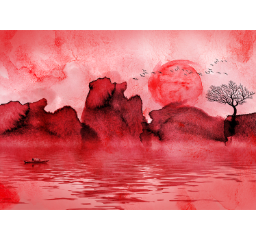 Mural de parede de cor vermelha paisagem de tinta chinesa - TenStickers
