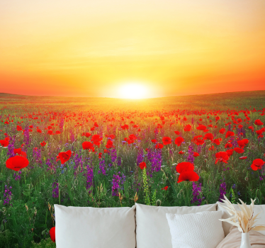 Fotomurais paisagistícos Campo de papoulas vermelhas com o sol - TenStickers