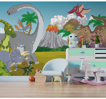 Fotomural de parede infantil dinossauros e vulcão - TenStickers