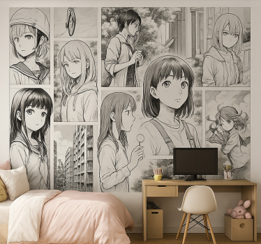Mural de parede juvenis mangá preto e branco - TenStickers