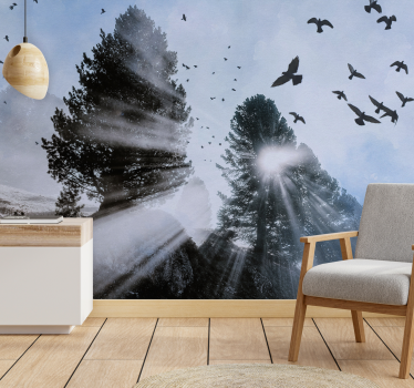 Mural de parede bosques raios de sol radiantes com pássaros - TenStickers