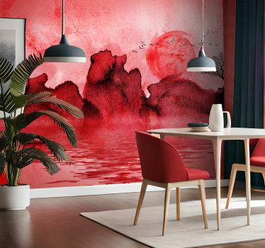 Mural de parede de cor vermelha paisagem de tinta chinesa - TenStickers