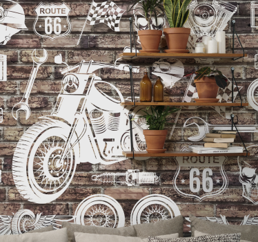 Tijolos e motocicletas com fundo de madeira - TenStickers