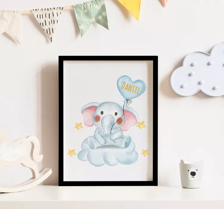 Poster infantil elefante fofo com balão e nome - TenStickers