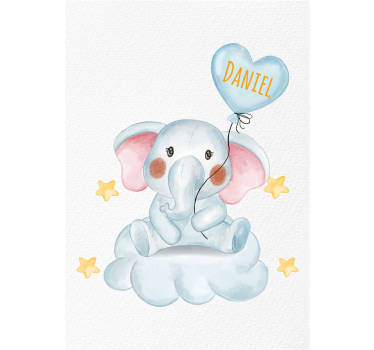 Poster infantil elefante fofo com balão e nome - TenStickers