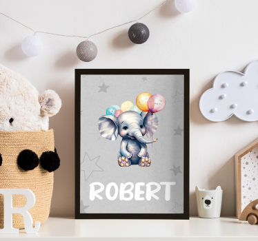 Poster bebê elefante com balões e nome - TenStickers