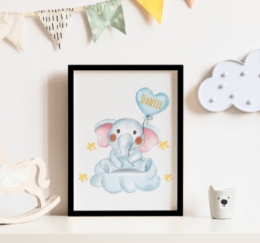 Poster infantil elefante fofo com balão e nome - TenStickers