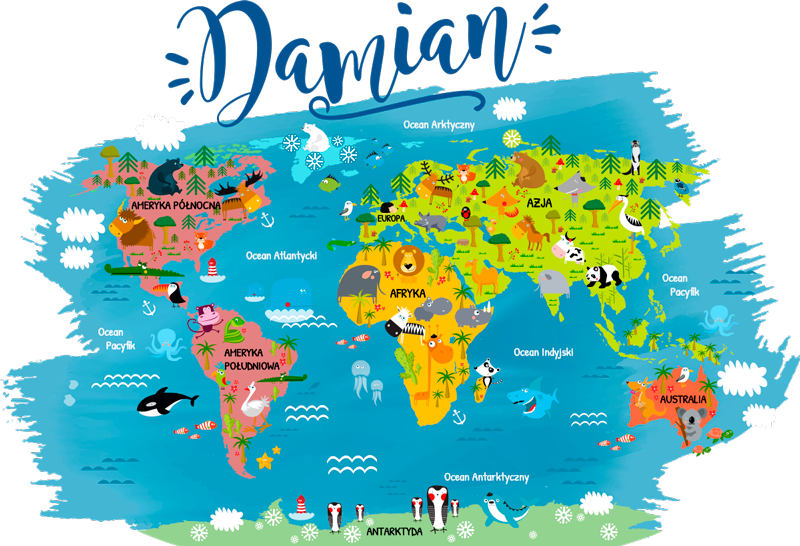 Poster do mapa mundial com nomes de animais em polaco - TenStickers