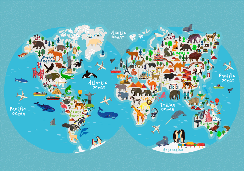 Poster mapa mundial com animais - TenStickers