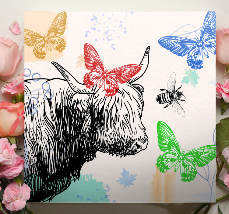 Quadro animais vaca das terras altas e borboletas - TenStickers