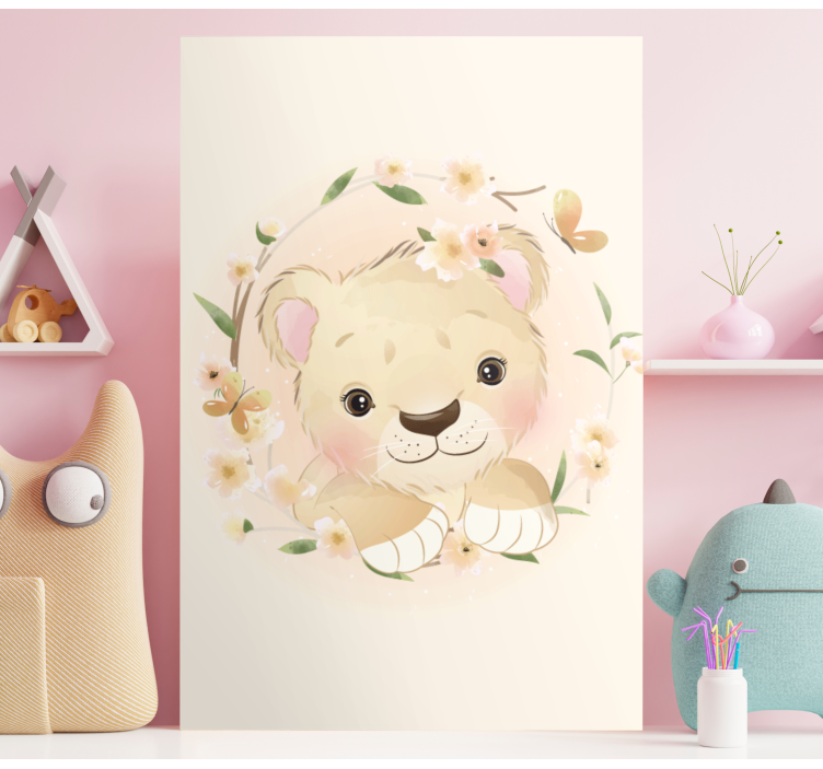 Quadro animais filhote de leão em coroa de flores - TenStickers