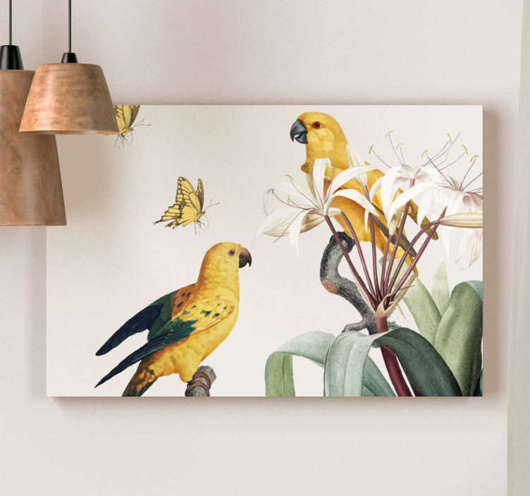 Quadro de flores com papagaios amarelos e borboletas - TenStickers