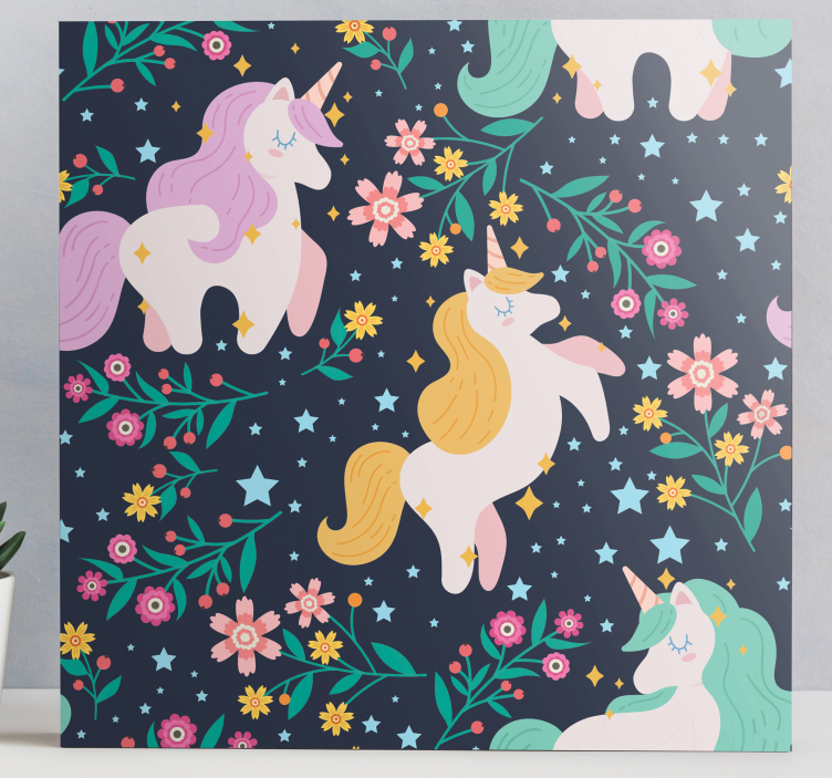 Quadro unicórnio Unicórnios flores e estrellas - TenStickers