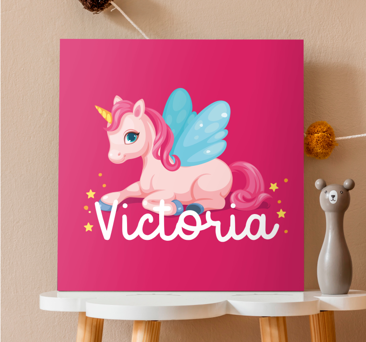 Quadro com nome Unicórnio feliz rosa engraçado - TenStickers