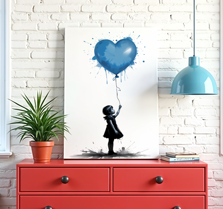 Quadro de arte menina com balão de coração azul - TenStickers