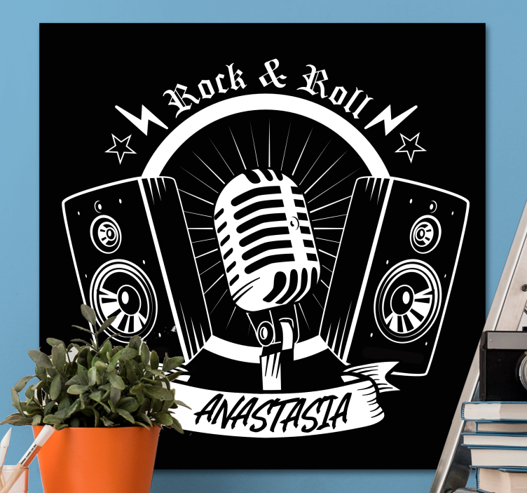 Quadro de música Microfone preto e alto-falantes com nome - TenStickers