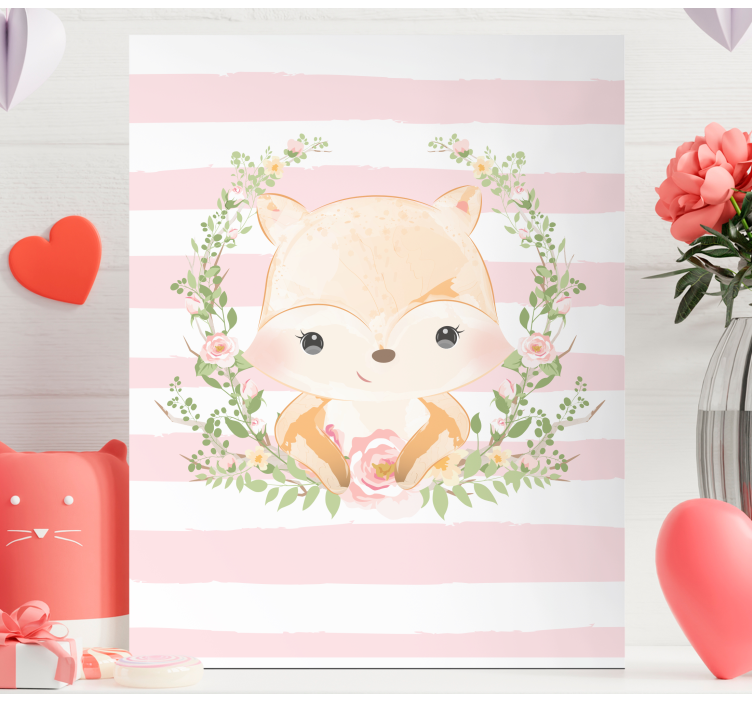 Quadro para bebê Desenho de raposa fofo com rosa - TenStickers