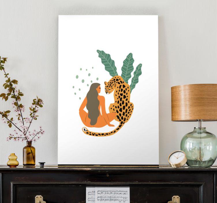 Quadros decorativos personagens mulher e leopardo se abraçam - TenStickers