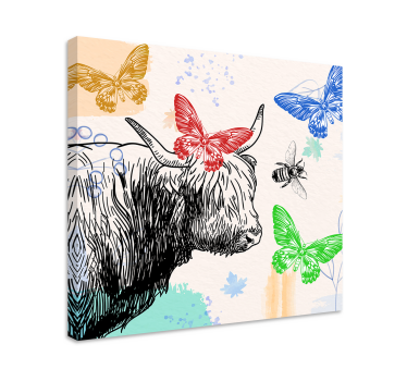 Quadro animais vaca das terras altas e borboletas - TenStickers