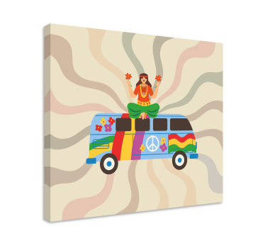 Quadro Decorativo vintage Garota hippie colorfu com um ônibus - TenStickers