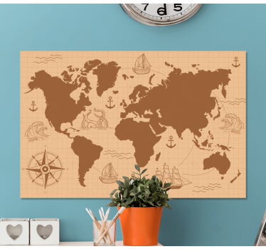 Quadro decorativo mapa mundi Marrom com bússola - TenStickers