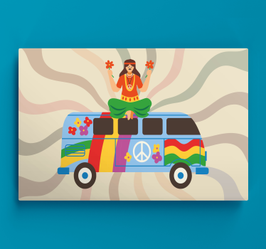 Quadro Decorativo vintage Garota hippie colorfu com um ônibus - TenStickers