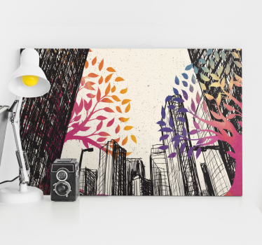 Quadro em 3D árvores multiestações com arranha-céus - TenStickers