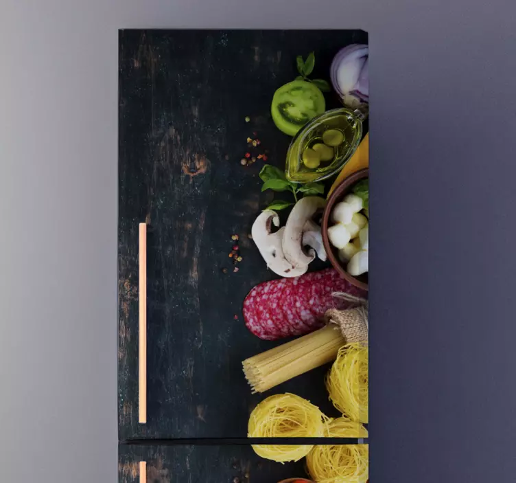 Autocolante frigorífico comida sobre madeira - TenStickers