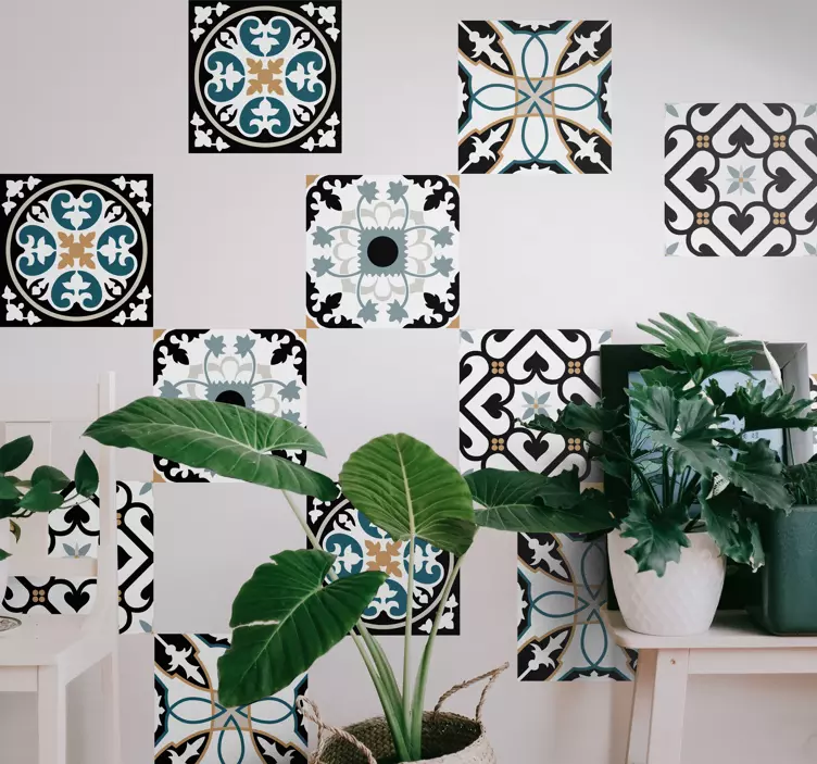 Autocolantes azulejos decorativos Padrão português azul e preto - TenStickers
