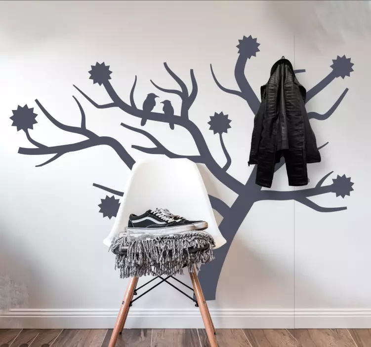 Autocolante cabide árvore retro com pássaros e flores pontudas - TenStickers