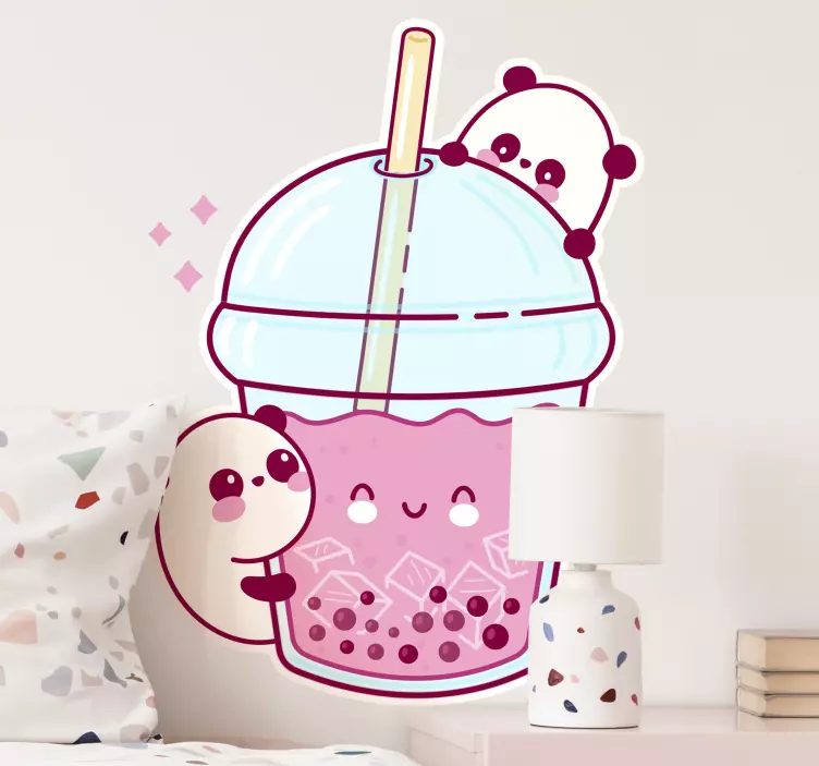 Autocolante decorativo cartoon Panda fofo com chá de leite - TenStickers