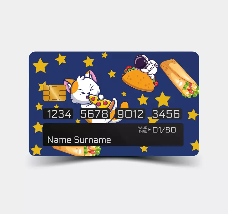 autocolante de gato com pizza e burritos no cartão de crédito - TenStickers