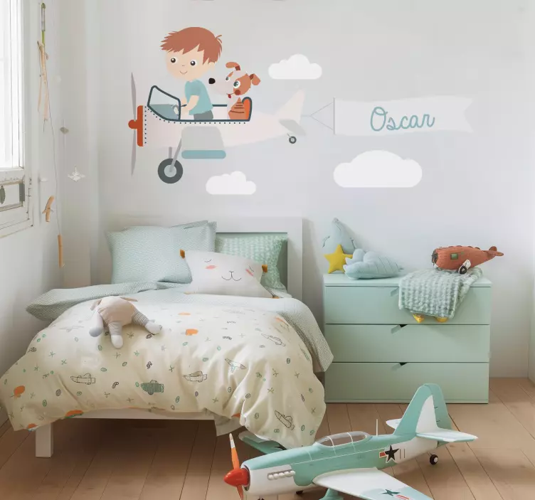 Autocolante de ilustrações menino e cachorro em um avião - TenStickers