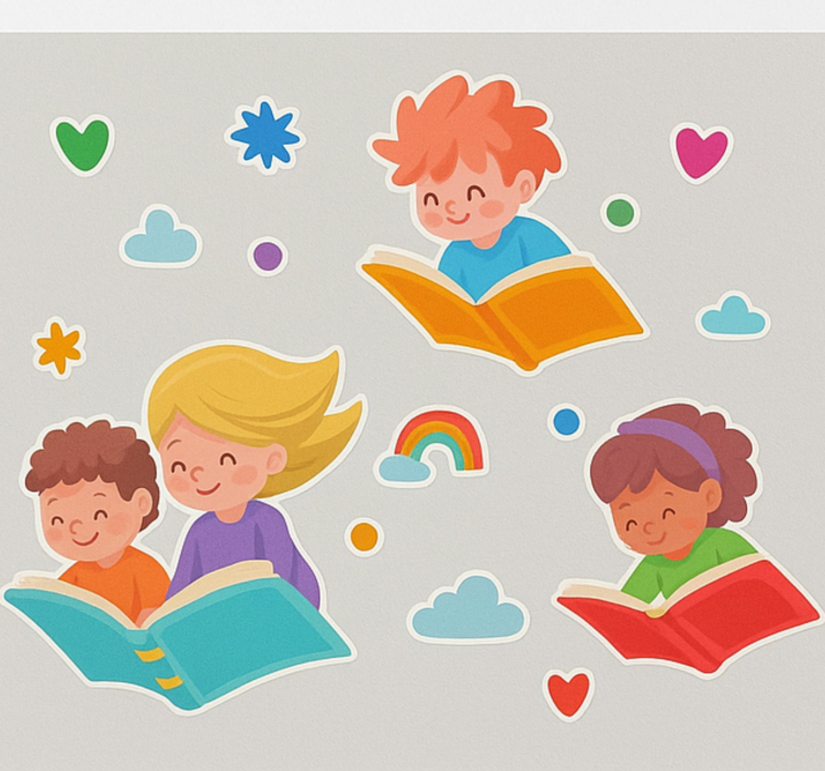 Autocolante educativo livros voadores e crianças - TenStickers
