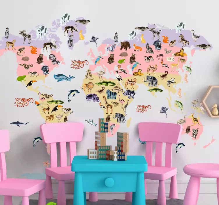 Autocolante mapa mundi motivo animal pastel - TenStickers