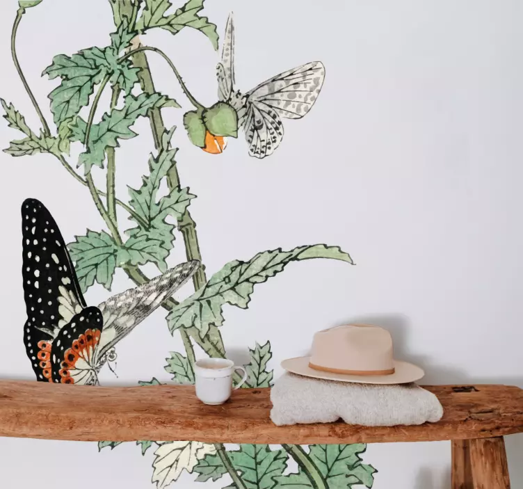 Autocolante plantas jardim de borboletas coloridas - TenStickers