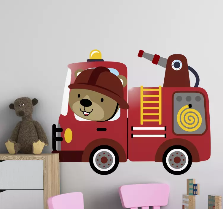 Autocolante para crianças caminhão de bombeiros urso fofo - TenStickers