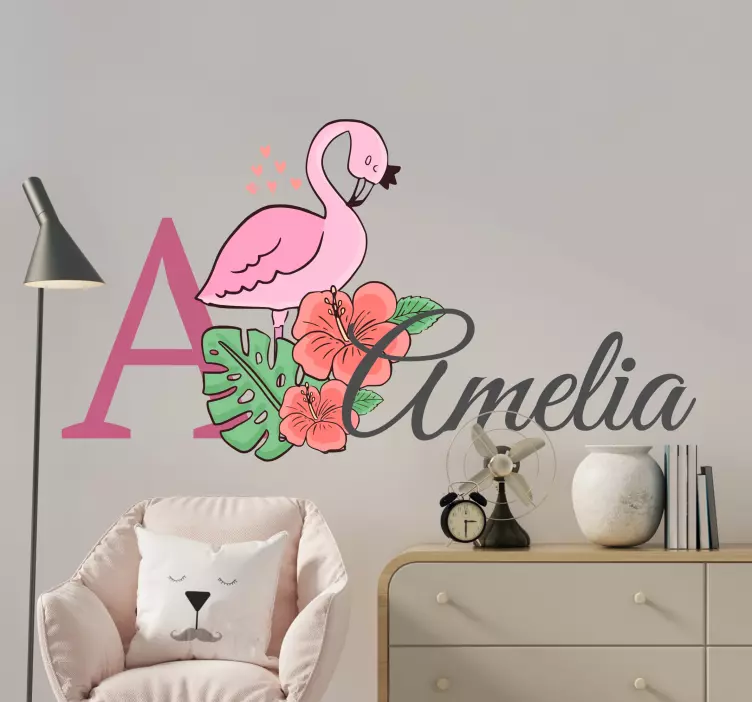 Autocolante para crianças flamingo floral personalizado - TenStickers