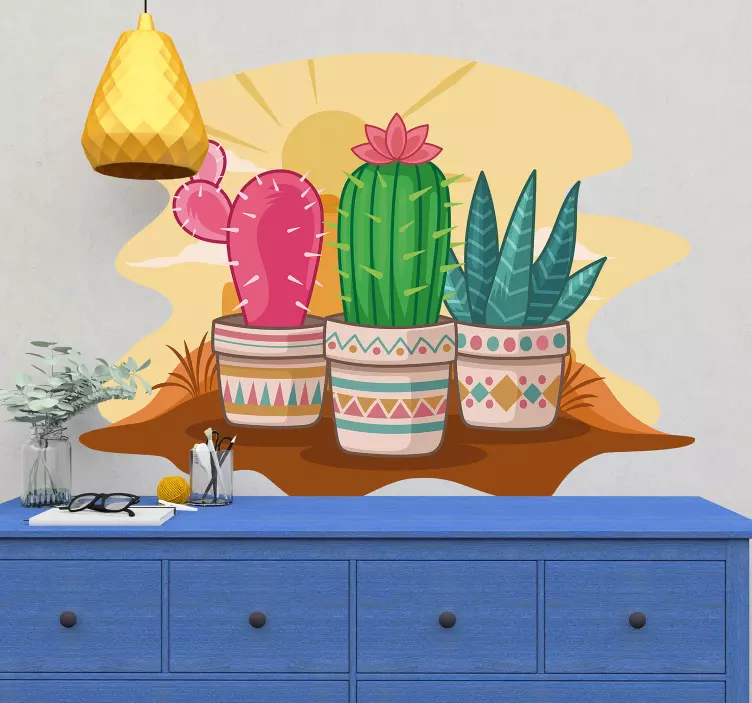 Autocolante plantas cactos coloridos em vasos - TenStickers