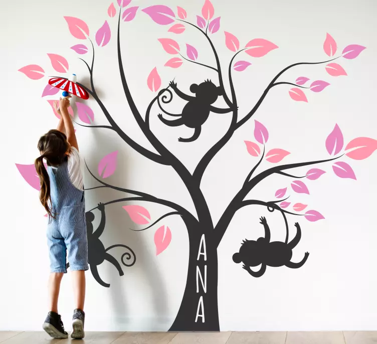 Autocolantes de ilustrações Macacos brincando com folhas com nome - TenStickers