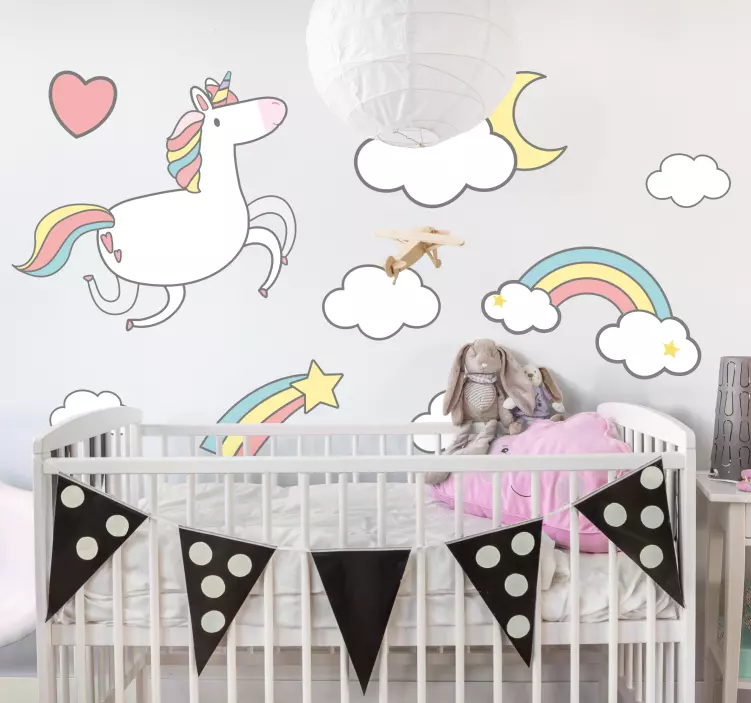 Vinil decorativo infantil Unicórnios fofos e arco-íris com cores - TenStickers