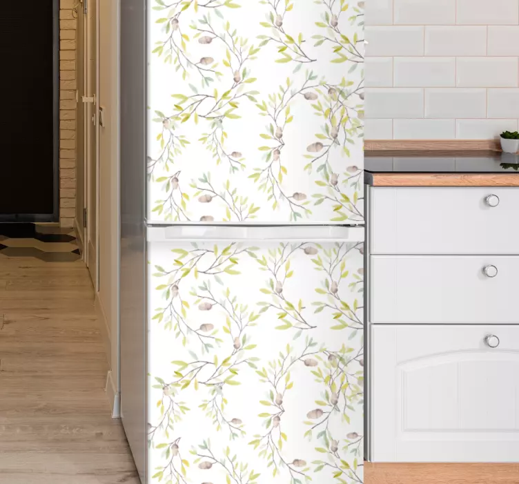 Autocolante para frigorífico Padrão de folhas verdes em aquarela  - TenStickers