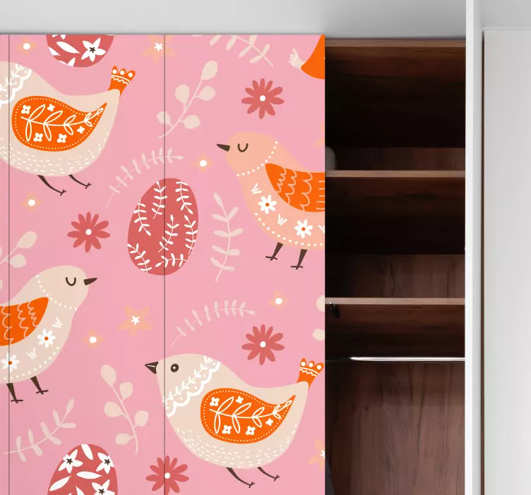 Autocolantes para móveis Padrão de arte popular rosa com pássaros - TenStickers