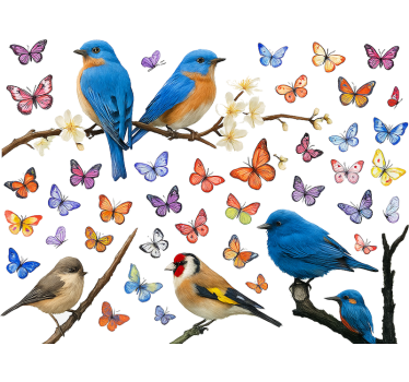 Autocolante para janela flores e pássaros coloridos - TenStickers