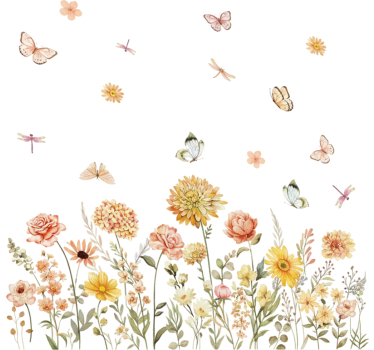 Autocolante de parede campo de flores silvestres com borboletas - TenStickers