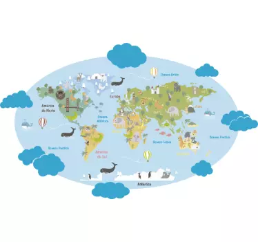 Autocolante mundo Planisfério Infantil Português - TenStickers