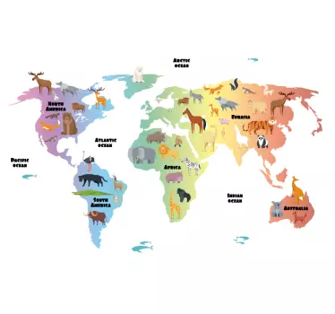 Autocolante decorativo mapa mundo Mapa do mundo animal - TenStickers